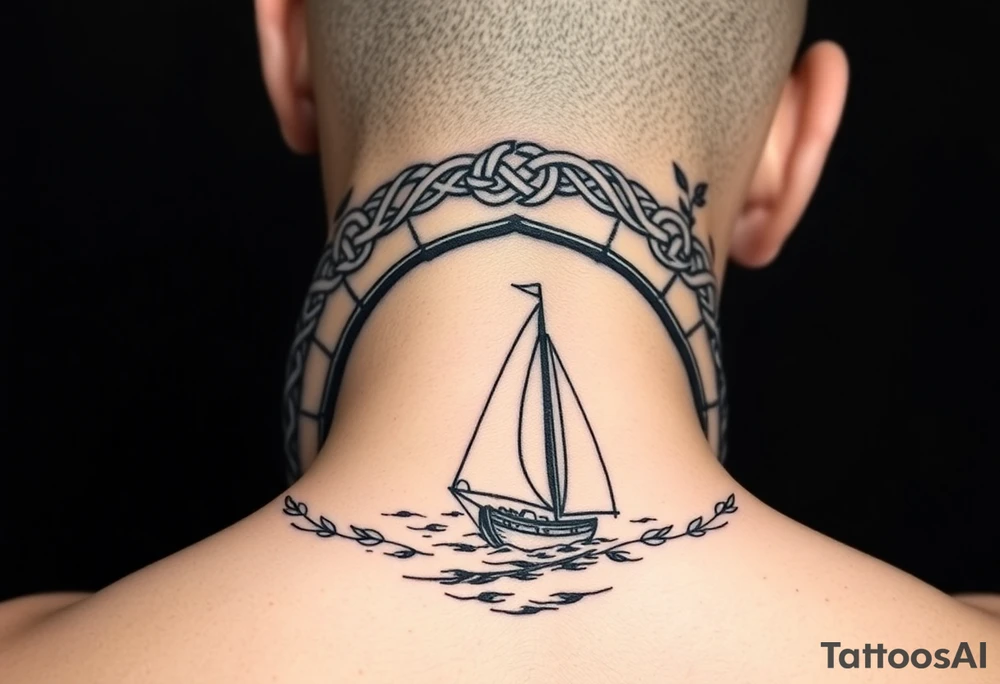 sleeve tattoo.elven arch decoration, intricate designs of celtic knots, vines and leaves twirling across arch, sea in the background with sailboat tattoo idea