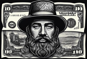 100 dollar bill with a money bag and a robber holding money bag tattoo idea