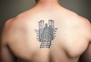 Black and grey sleeve of a labrynth of stairs tattoo idea