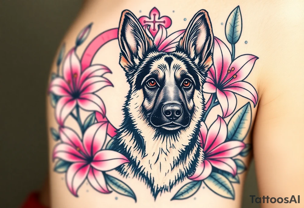 short haired german shepherd with alert ears surrounded by pink lilies with large leaves in front of a sacred heart tattoo idea