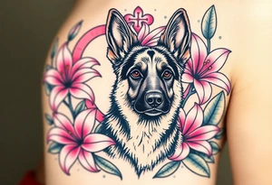 short haired german shepherd with alert ears surrounded by pink lilies with large leaves in front of a sacred heart tattoo idea