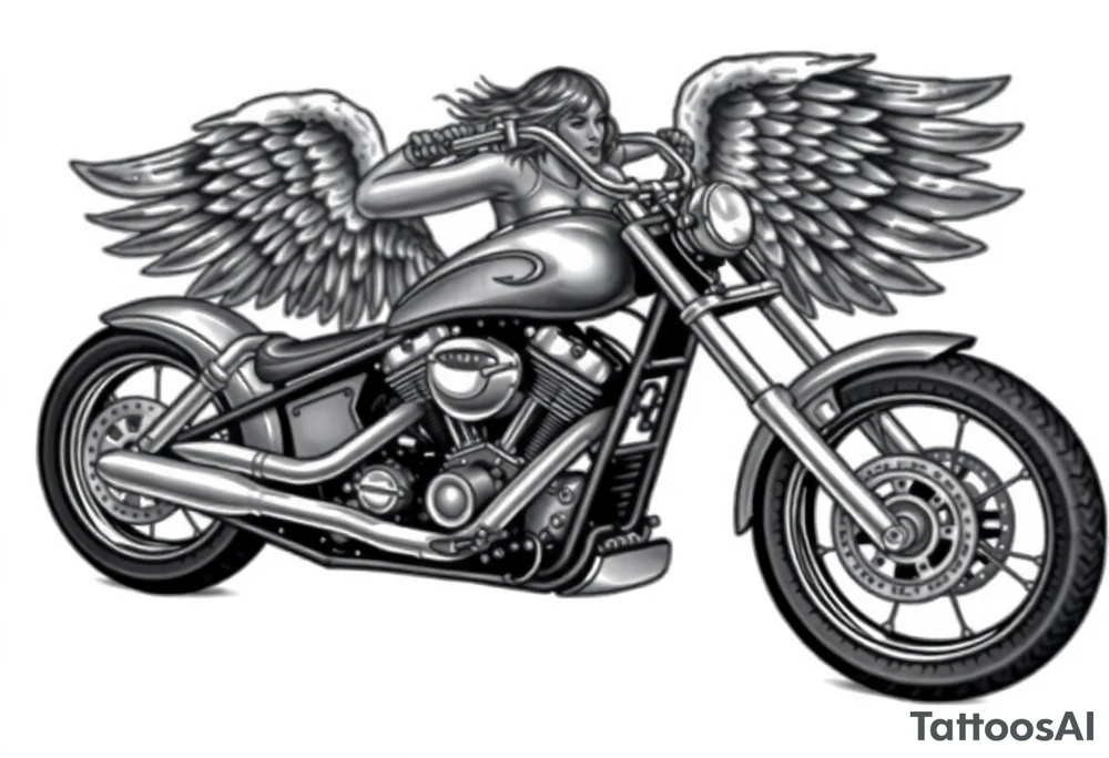 Low rider grey motorcycle, big muffler pipes with flames, angel wings, driving away, no person tattoo idea