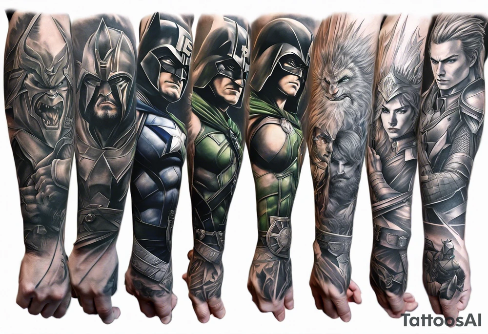 Full arm sleeve tattoo extending from shoulder to wrist featuring the battle of Helms Deep with character such as Anakin Skywalker, Obi Wan Kenobi, Darth Vader, Superman, Batman, Green Lantern, Dark Magician and Blue-Eyes White Dragon from Yu-Gi-Oh!, and Captain America added in to a panned out scenic battle tattoo idea