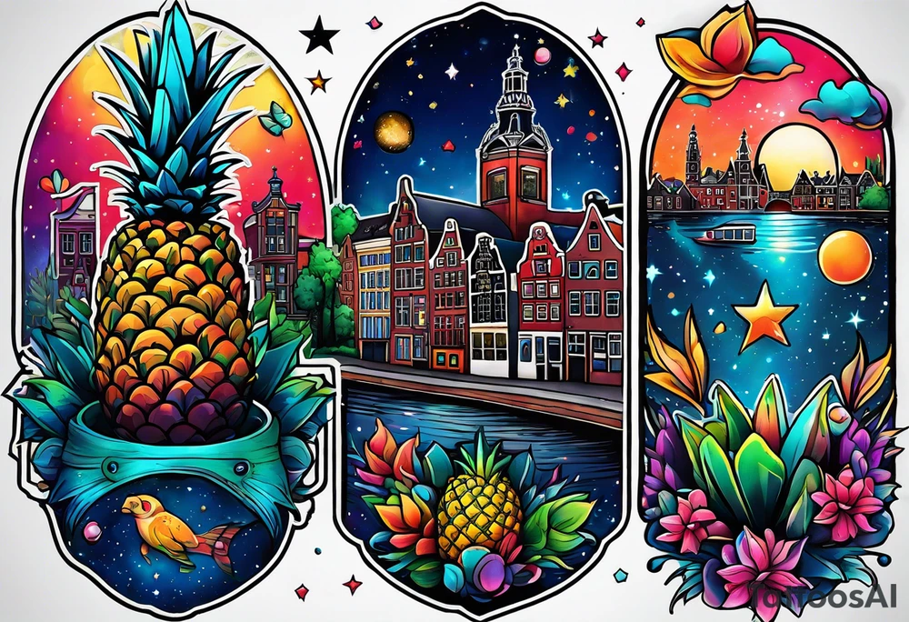 Animals featuring animals and featuring colours of the universe and galaxies and pineapples in amsterdam city featuring Amsterdam buildings and canal made of glass tattoo idea