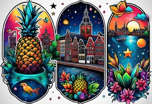 Animals featuring animals and featuring colours of the universe and galaxies and pineapples in amsterdam city featuring Amsterdam buildings and canal made of glass tattoo idea