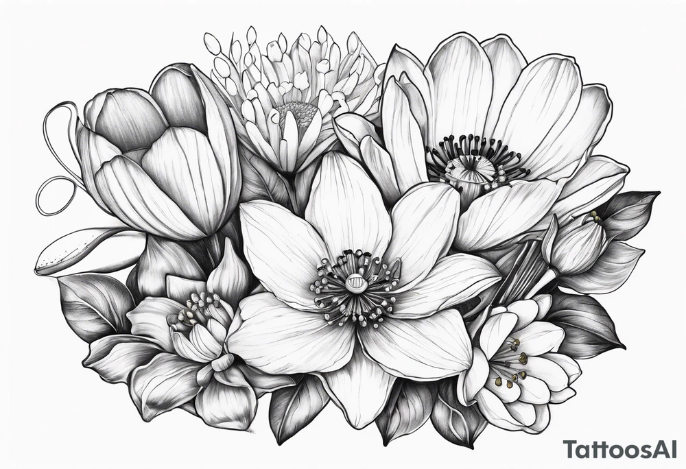 Poppy, water lily, Lily of the valley, daffodil, cosmo flower bouquet tattoo idea