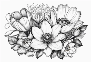 Poppy, water lily, Lily of the valley, daffodil, cosmo flower bouquet tattoo idea
