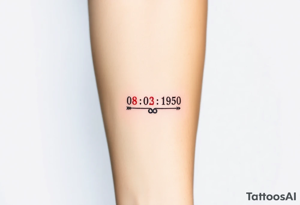 “Quero uma tatuagem no antebraço, simples e pequena. Deve ter a data de nascimento do meu avô 08/03/1950 escrita em vermelho, seguida de um traço reto e, à frente, o símbolo de infinito em preto. O design deve ser minimalista, com letras elegantes e proporcionais, mantendo um aspeto discreto.” tattoo idea