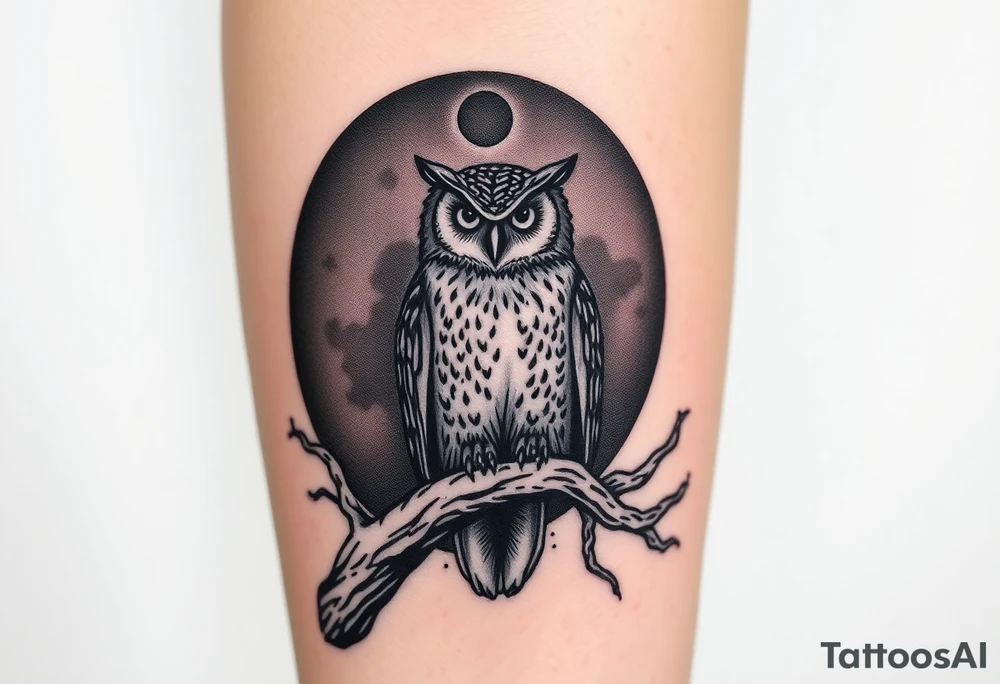 wise owl perched on ancient oak branch under starlit sky tattoo idea