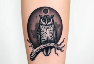 wise owl perched on ancient oak branch under starlit sky tattoo idea