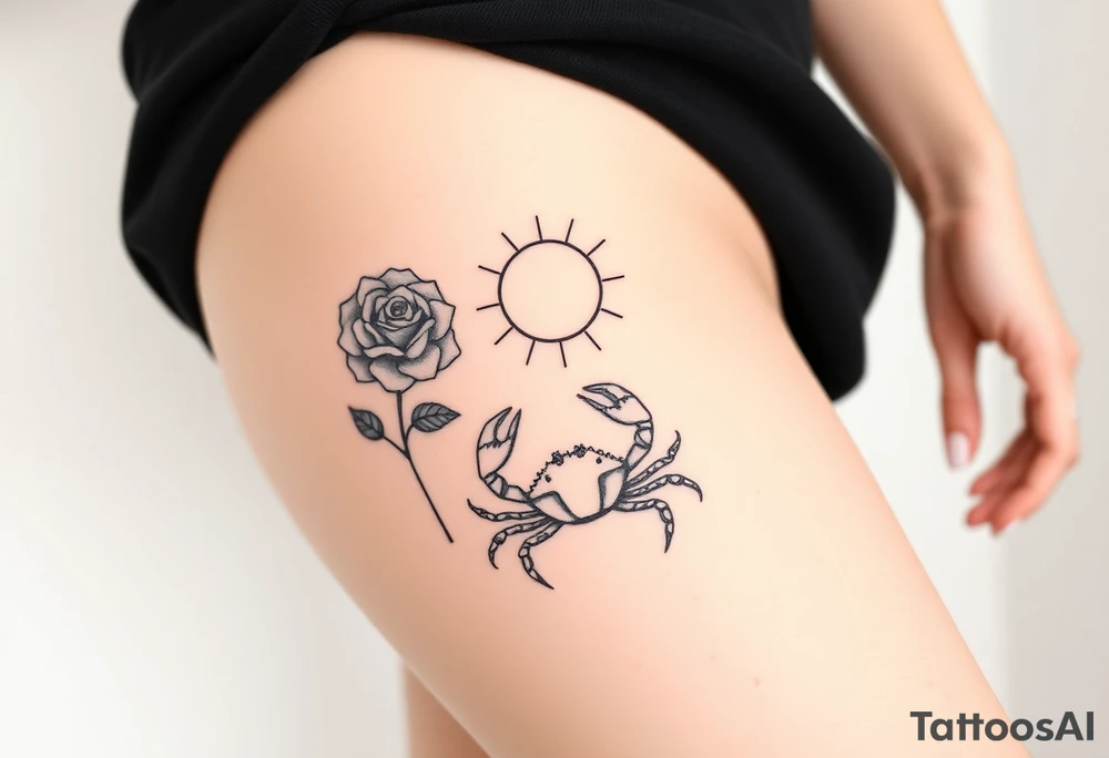 Rose and sun and crab tattoo idea