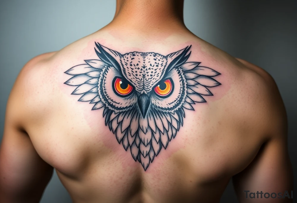 Abstract large colored tripping eye owl with less feathers tattoo idea