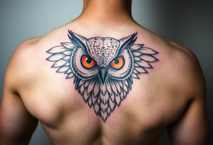 Abstract large colored tripping eye owl with less feathers tattoo idea