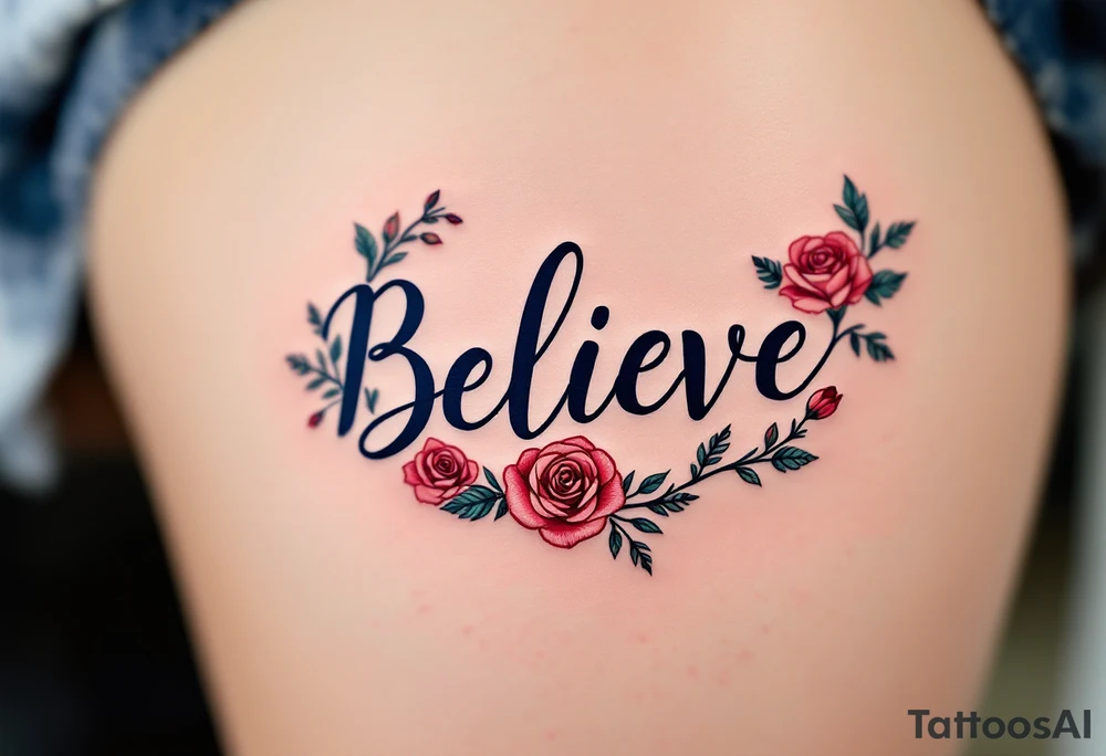 "Believe" in dark blue, surrounded by a floral wreath of roses in red and pink, symbolizing the beauty and power of persistence. tattoo idea