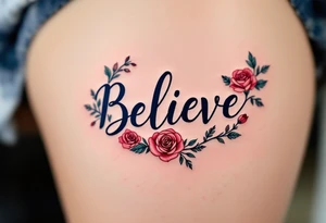 "Believe" in dark blue, surrounded by a floral wreath of roses in red and pink, symbolizing the beauty and power of persistence. tattoo idea