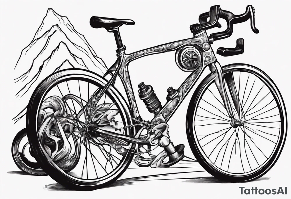 road bicycle on a mountain sitting on a dumbbell tattoo idea