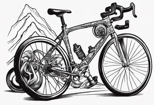 road bicycle on a mountain sitting on a dumbbell tattoo idea