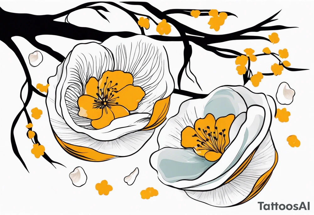 2 mimoma tree blossoms floating with bivalve shells mixed in creating movement tattoo idea