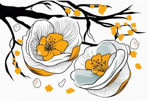 2 mimoma tree blossoms floating with bivalve shells mixed in creating movement tattoo idea
