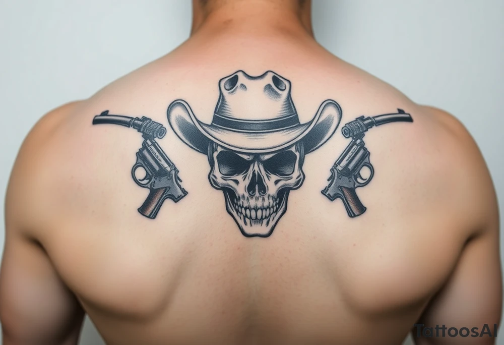 skull with cowboy-hat beneath two guns. tattoo idea