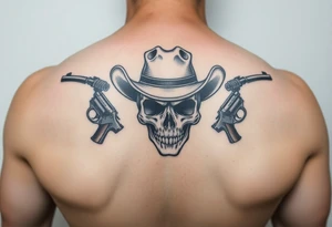 skull with cowboy-hat beneath two guns. tattoo idea