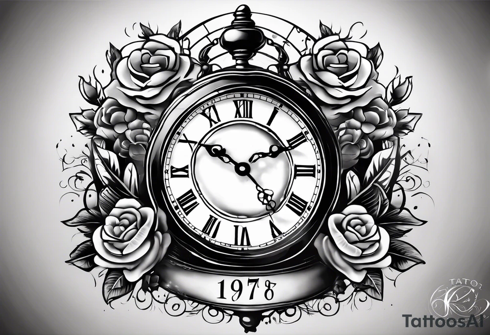 a tattoo mixing a clock and an hourglass in black and white where the year 1979 appears. tattoo idea