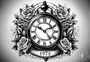 a tattoo mixing a clock and an hourglass in black and white where the year 1979 appears. tattoo idea