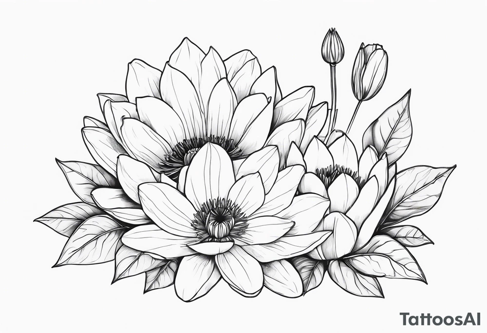 waterlily flower and morning glory flower line bouquet tattoo idea