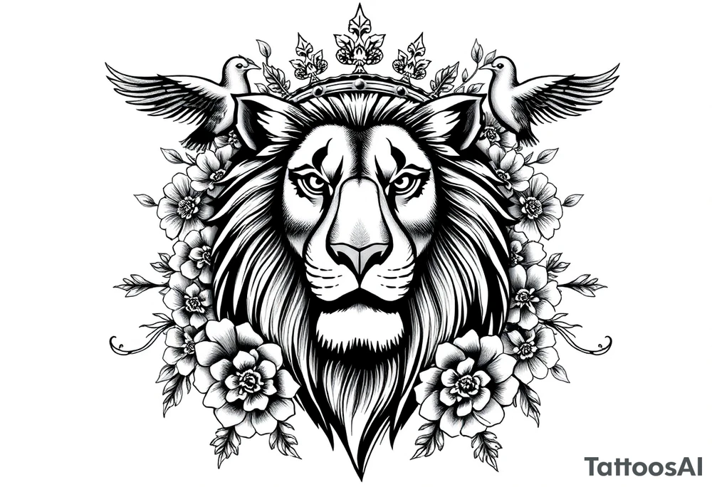 powerful majestic lion with a crown, surrounded by floral ornaments and birds tattoo idea