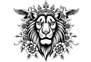 powerful majestic lion with a crown, surrounded by floral ornaments and birds tattoo idea