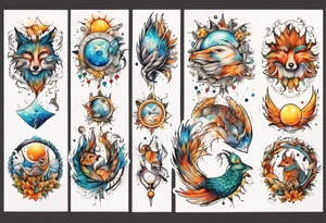 fisch, fuchs und eule , symetrie  sonne, universum, bunt, " sapere aude" tattoo idea