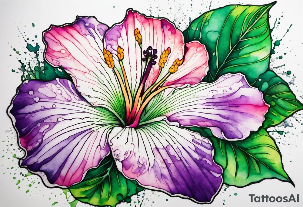 An outline of an only green rio dipladenia flower and a green and purple watercolor splash in the background tattoo idea