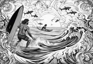 surfer with sharks surrounding tattoo idea