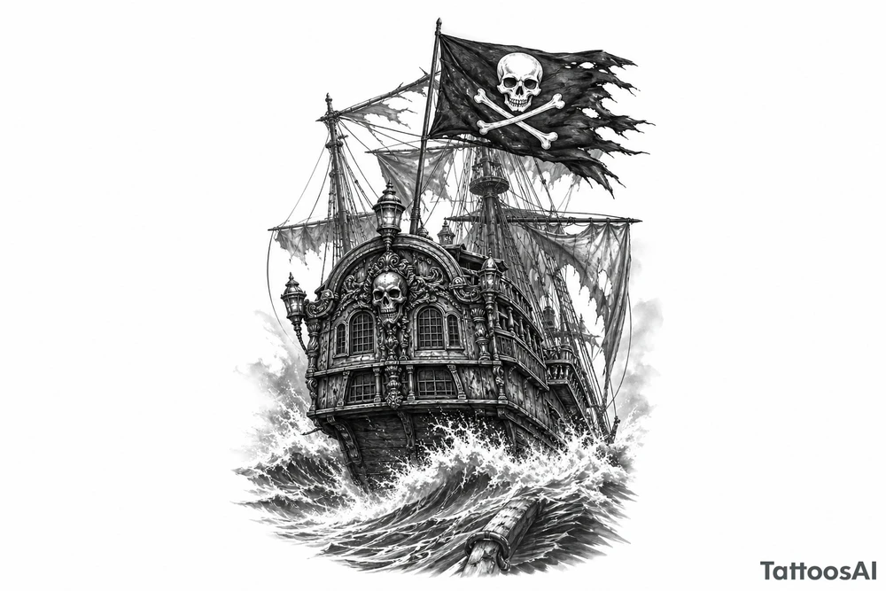 Detailed pirate ship stern, waves crashing over deck, tattered Jolly Roger flag. tattoo idea