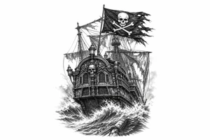 Detailed pirate ship stern, waves crashing over deck, tattered Jolly Roger flag. tattoo idea