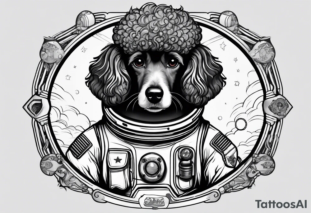 full body poodle mix dog in a space suit outline tattoo idea
