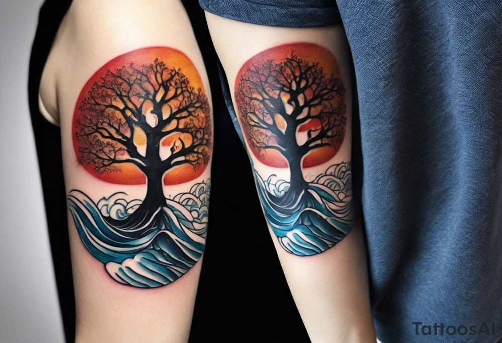 A tattoo of an abstract Tree of Life tattoo to be placed directly on the bicep of a woman. It can wrap around the arm a little. It should have roots growing out of the bottom. The roots slowly turn into water from the Great Wave by Hokusai. A golf flag should be placed discreetly growing out of the ground. 2 license plate tags should be hanging from the tree. Place a few music notes in the areas the leaves should be. The letters A U should be engraving into the tree trunk in a heart. Not inside a circle. The overall shape of the tattoo should be organic. Black and white only. tattoo idea