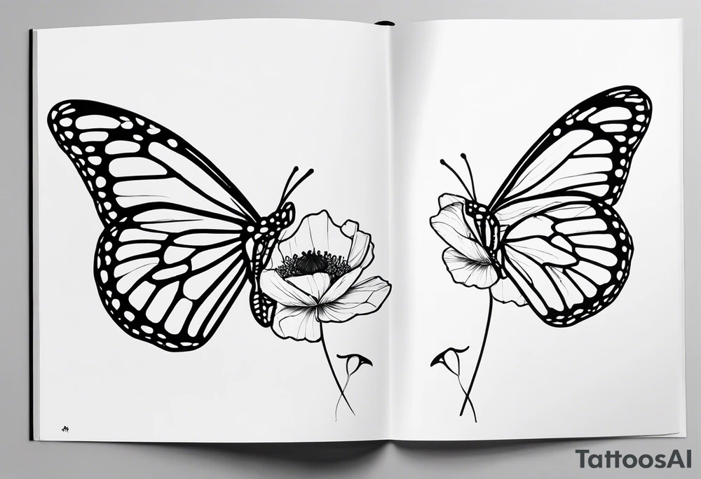 reate a black and white fine line tattoo of a monarch butterfly, ensuring that poppy flowers are only inside the top halves of the wings, clearly contained within the wing outlines, with a minimalistic style and intricate details, while the bottom halves of the wings are simple and unadorned tattoo idea