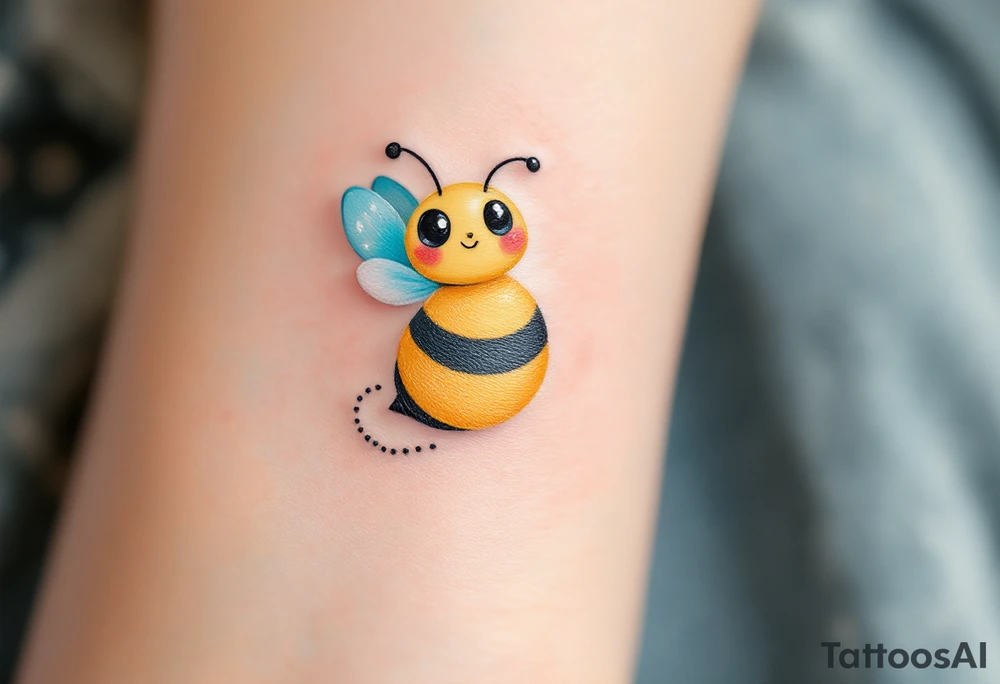 A cute bee tattoo with a plump, round yellow-and-black striped body, tiny white wings with a soft blue shimmer, big glossy black eyes, blushing pink cheeks, and a tiny dotted flight trail curling playfully behind it. tattoo idea
