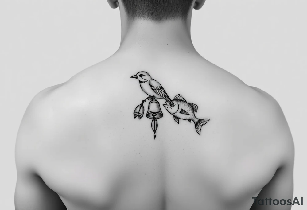 minimal fine line bird, bell and fish tattoo tattoo idea