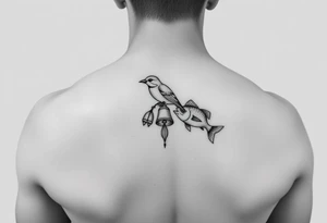 minimal fine line bird, bell and fish tattoo tattoo idea