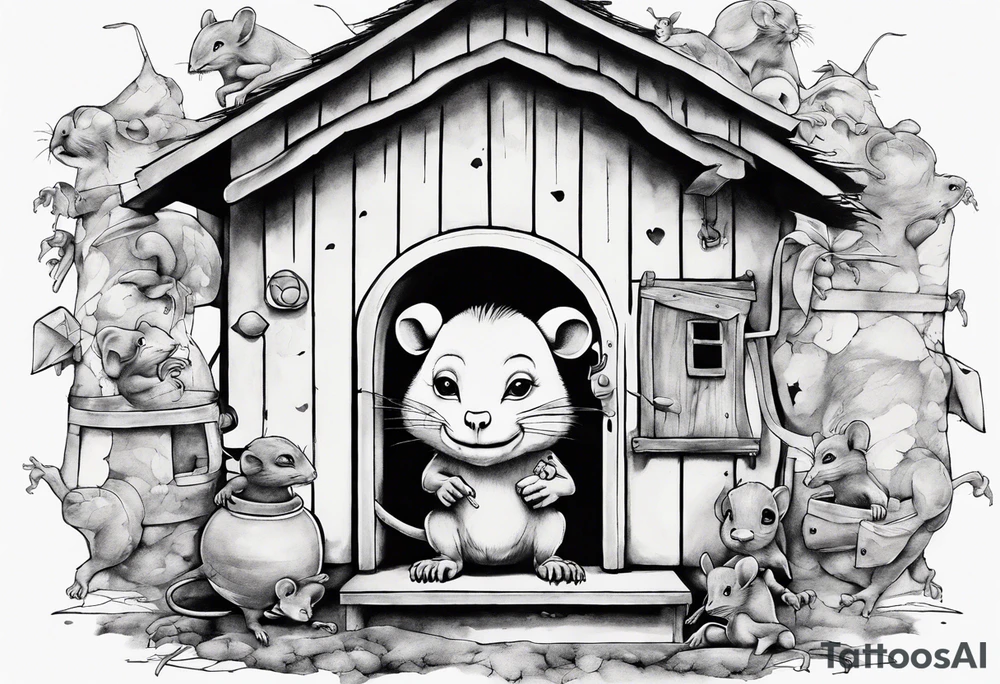 babboon in a playhouse with mice tattoo idea