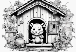 babboon in a playhouse with mice tattoo idea