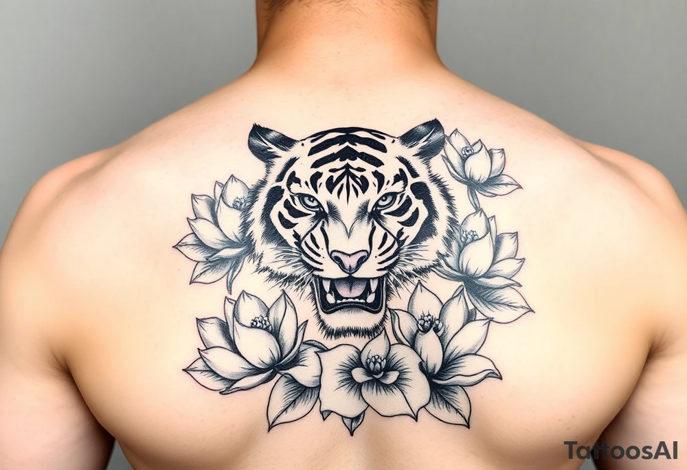 fierce tiger emerging through blooming lotus flowers in mist tattoo idea