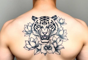 fierce tiger emerging through blooming lotus flowers in mist tattoo idea