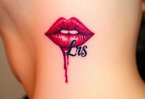 Stain from lipstick kiss with initial lowercase lrs with spit tattoo idea