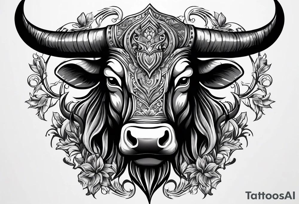 Evil, scary bull with horns surrounded by fill work for back tattoo tattoo idea