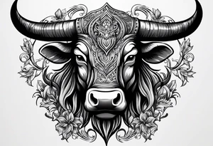 Evil, scary bull with horns surrounded by fill work for back tattoo tattoo idea