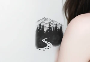 Winding path fading into misty forest, re-emerging toward distant mountains. Dark trees, bright peaks. Black and white, minimalist tattoo idea