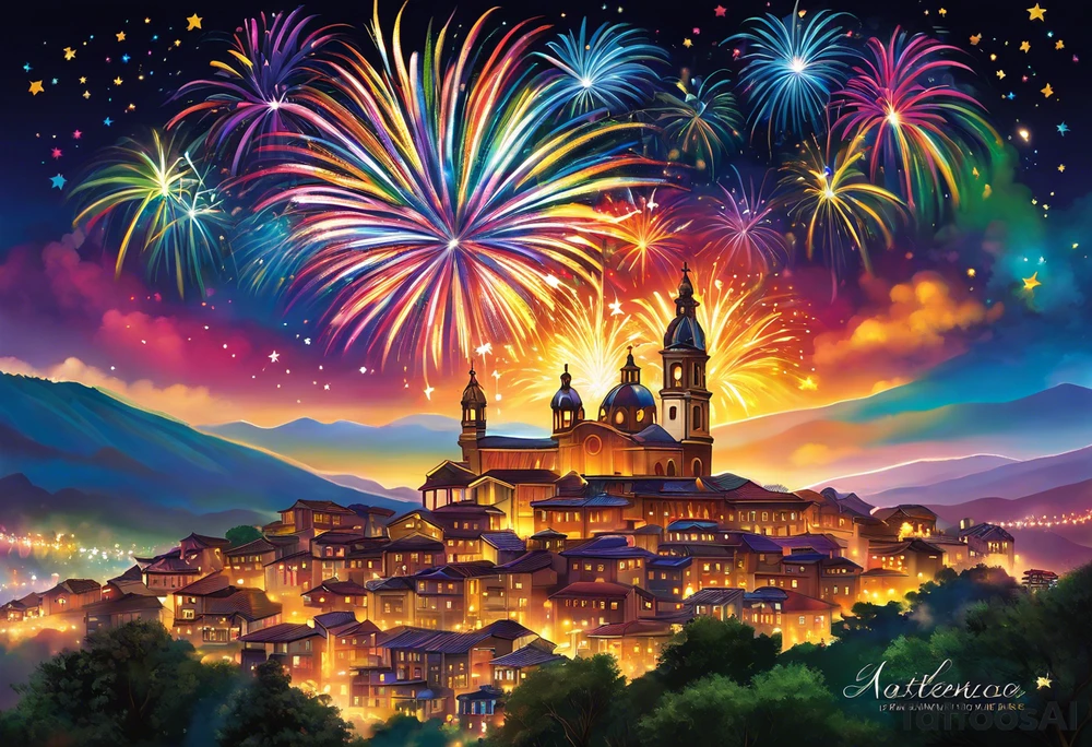 Fireworks burst across the night sky, surrounded by glowing candles and stars, capturing the magic and nostalgia of Colombian December nights. The scene is vibrant with multi-colored lights and an air of celebration. Soft linework mist or halos around the fireworks adds a magical, dreamy quality to the scene. The tattoo reflects joy and tradition, with an emphasis on warmth and festivity. tattoo idea